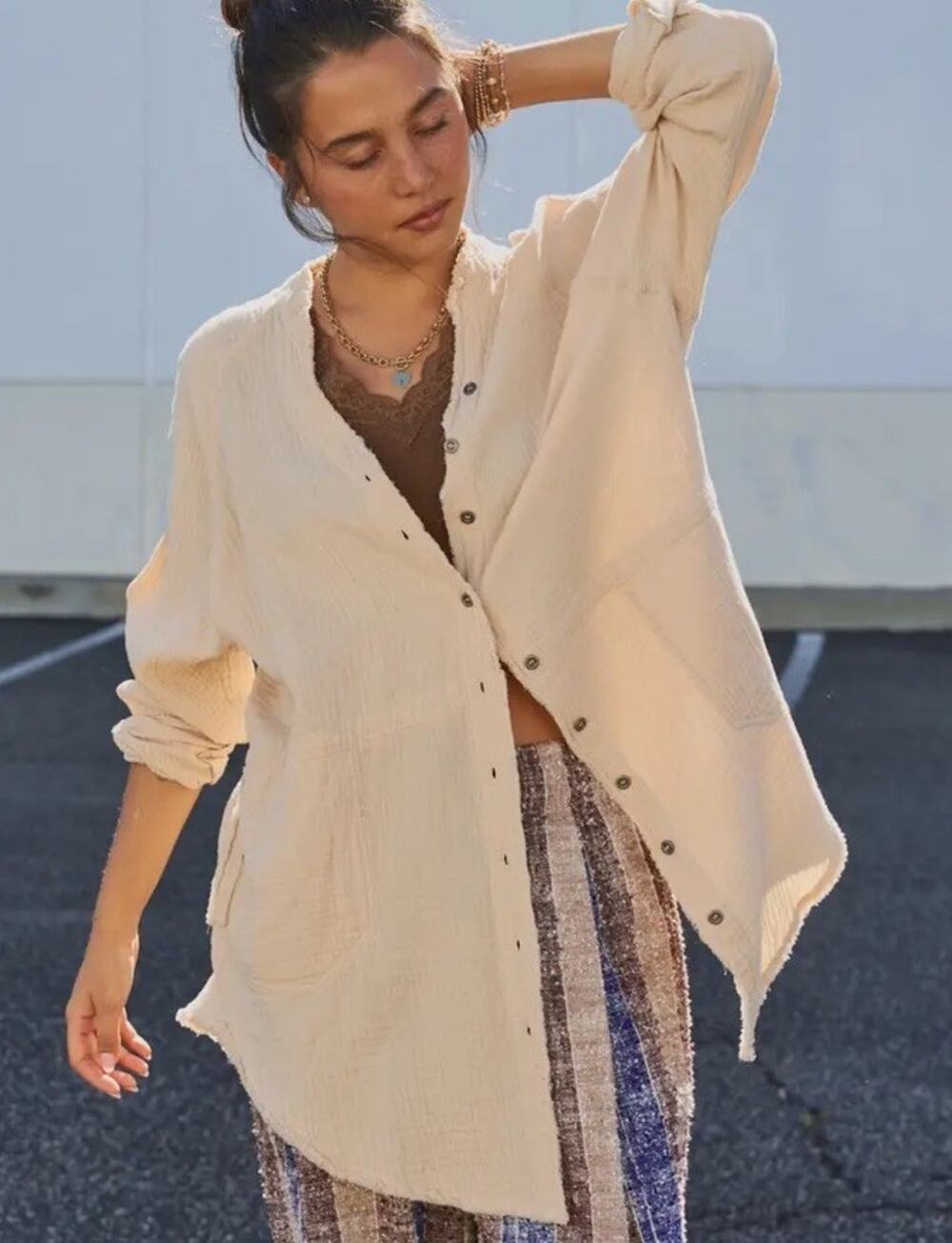 Urban Daizy Women’s L Cotton Gauze Button Front Boho Shirt Top Pockets